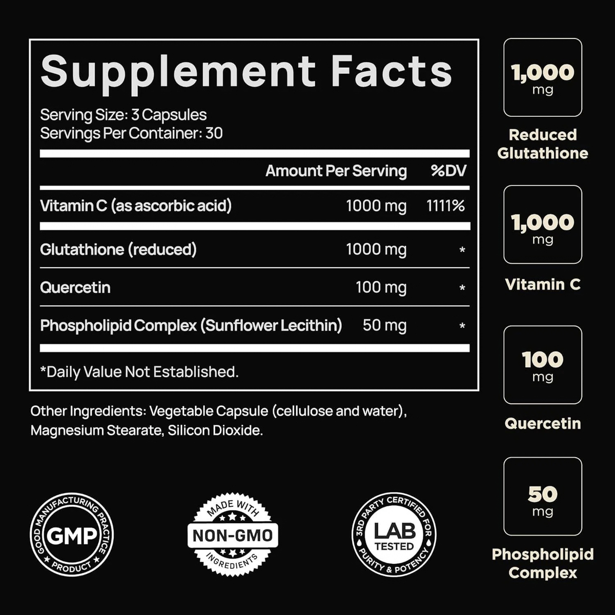 L- Glutation Liposomal Vitamin C Quercetina 90 Capsulas Sin Sabor