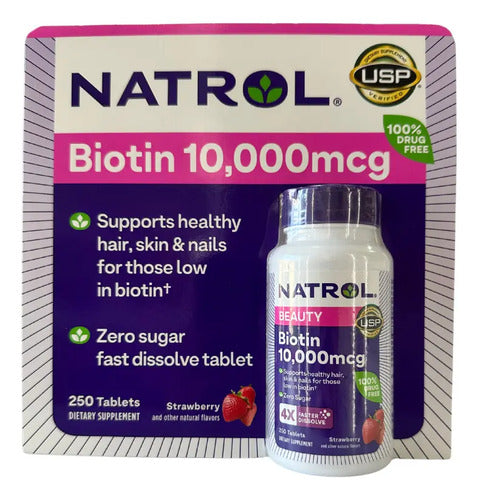 Biotina 10,000mcg 250 Tabletas Cabello Uñas Piel Sabor Fresa Fresa