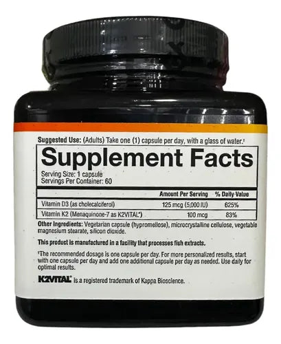 Vitamina K2 + D3 Huesos Y Articulaciones 60 Capsulas Sin Sabor