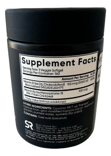 Vitamina D3 + K2 Sports Research 160 Veggie Softgels Sin Sabor