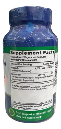 Magnesio Vitamina B12 Suplemento Hombre Mujer 180 Capsulas Sin Sabor