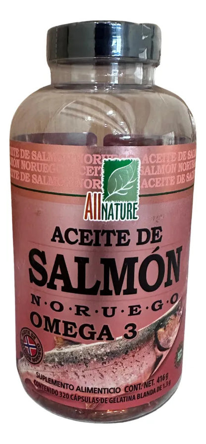 Bote Aceite Salmon Noruego Omega 3 All Nature 320 Cápsulas Sin Sabor