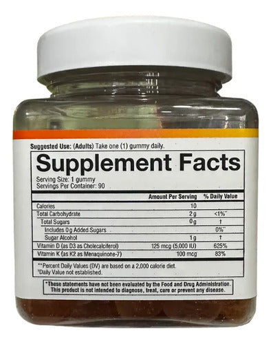 Vitamina K2 + D3 Sin Azúcar Salud Cardiovascular 90 Gomitas Durazno