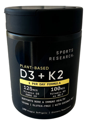 Vitamina D3 + K2 Sports Research 160 Veggie Softgels Sin Sabor