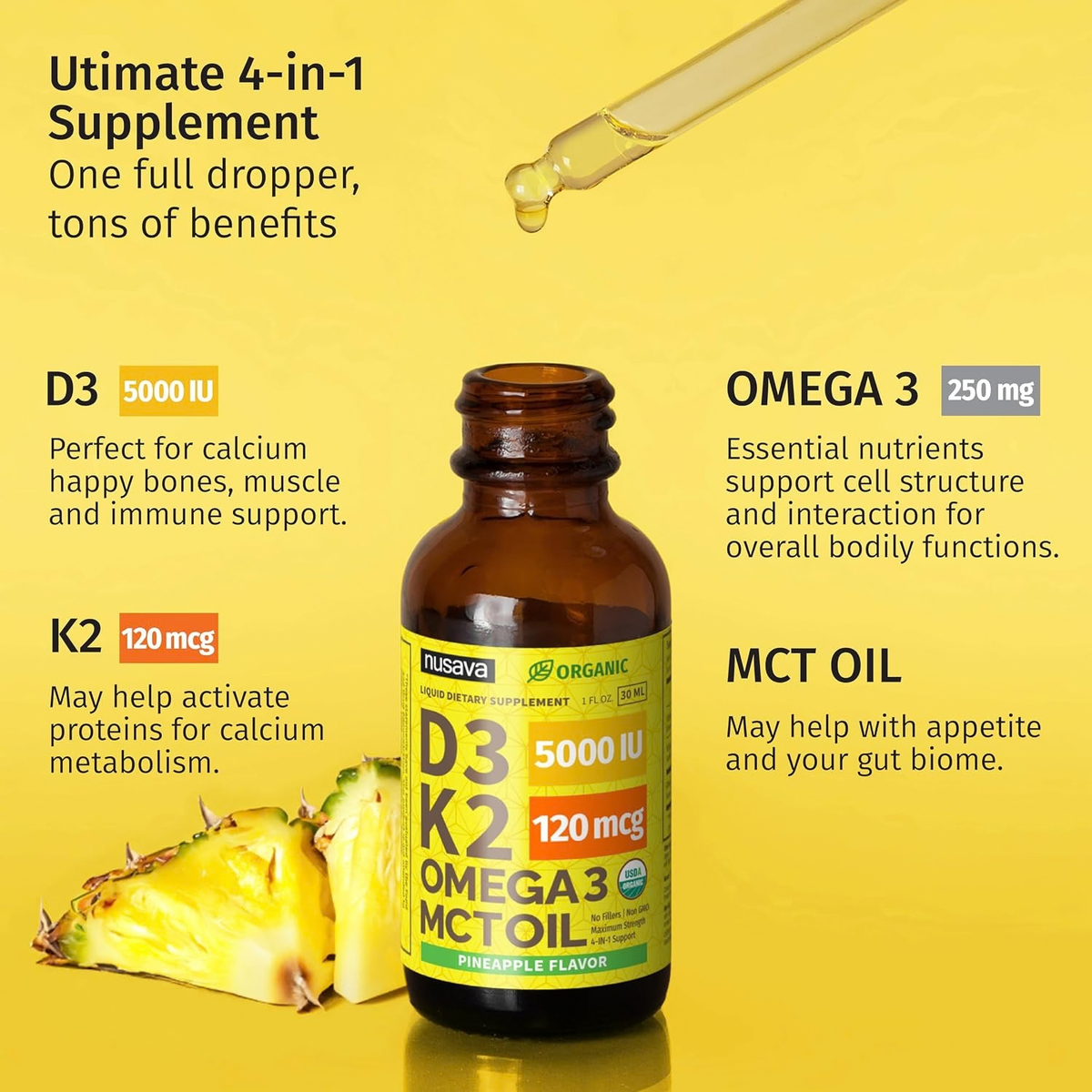 Suplemento Vitamina D-3 Y K-2 Omega 3 Mct Piña 60 Porciones Sin Sabor