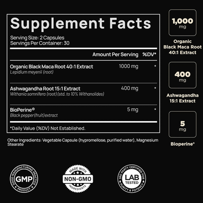 Maca Negra Orgánica Peruana 60 Cápsulas Suplemento Energia Sin Sabor